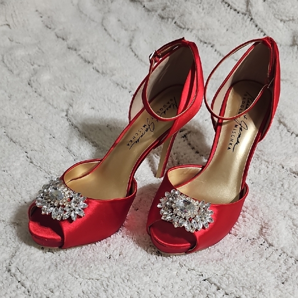 Badgley Mischka Shoes - Badgley Mischka Red Satin Heels with Crystal Accents